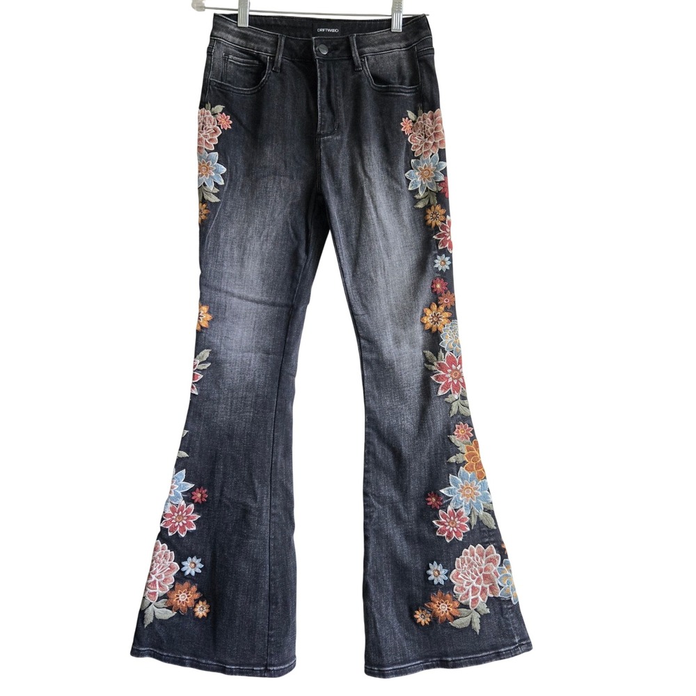 Driftwood 28 Farrah Flare Jeans Womens Black Excellent Floral Embroidered Boho
